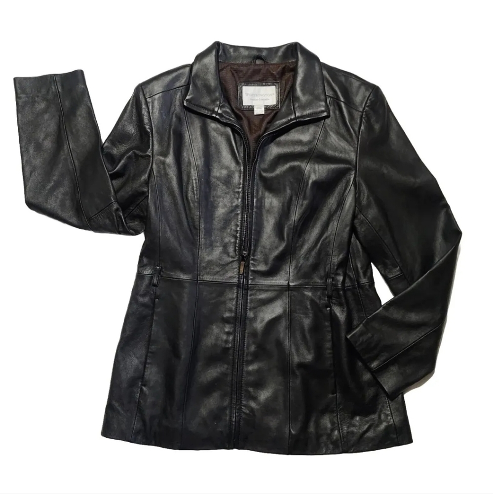Worthington Lambskin Leather Jacket Women’s Medium Black Soft Biker Zip Up Coat